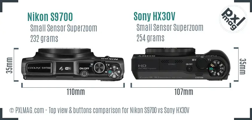 Nikon S9700 vs Sony HX30V top view buttons comparison