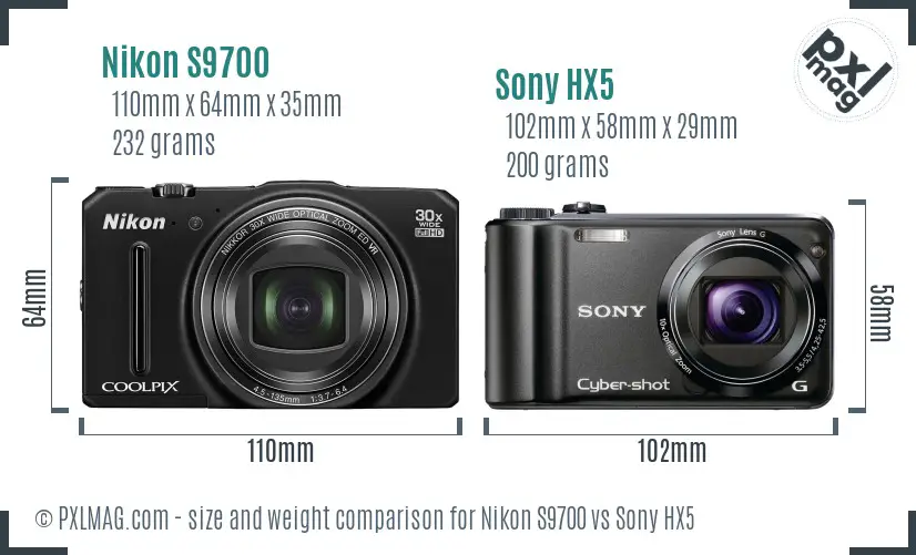 Nikon S9700 vs Sony HX5 size comparison