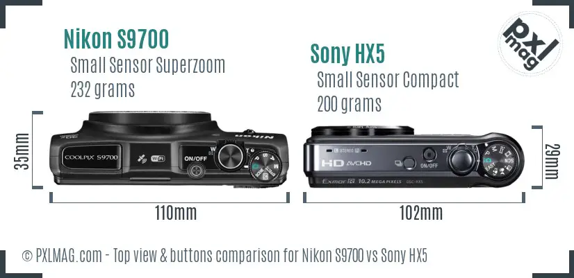 Nikon S9700 vs Sony HX5 top view buttons comparison