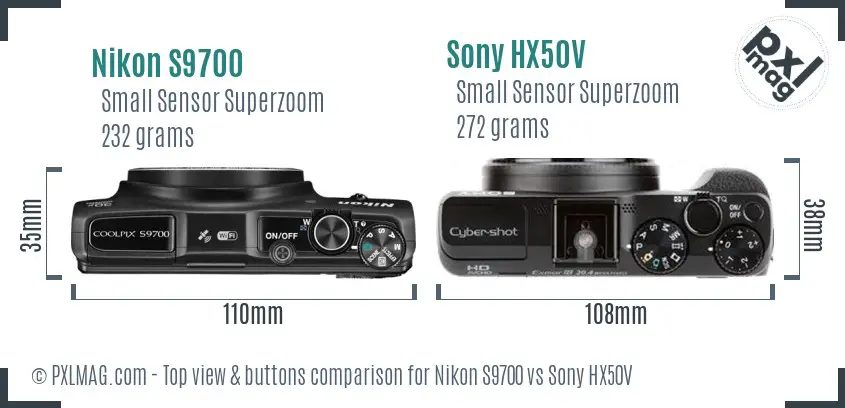 Nikon S9700 vs Sony HX50V top view buttons comparison Nikon S9700 vs Sony HX50V top view buttons comparison