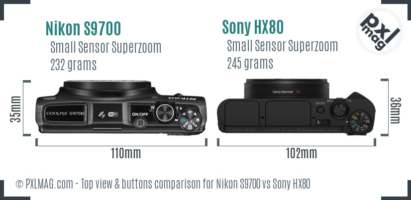 Nikon S9700 vs Sony HX80 top view buttons comparison
