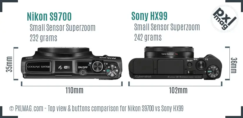 Nikon S9700 vs Sony HX99 top view buttons comparison