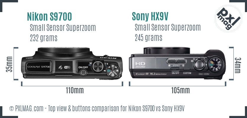 Nikon S9700 vs Sony HX9V top view buttons comparison
