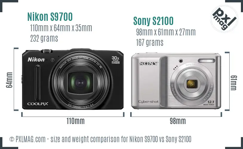 Nikon S9700 vs Sony S2100 size comparison