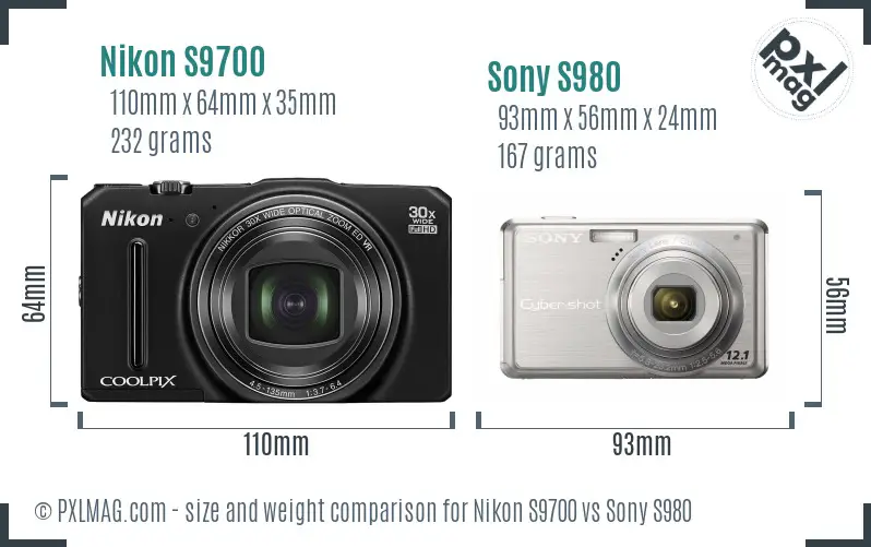 Nikon S9700 vs Sony S980 size comparison