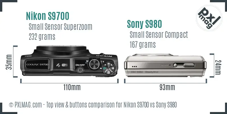 Nikon S9700 vs Sony S980 top view buttons comparison