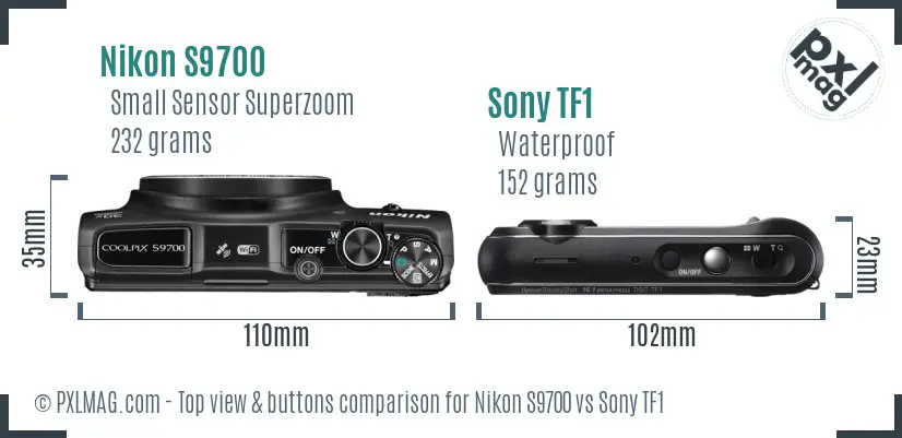 Nikon S9700 vs Sony TF1 top view buttons comparison