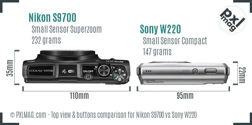 Nikon S9700 vs Sony W220 top view buttons comparison