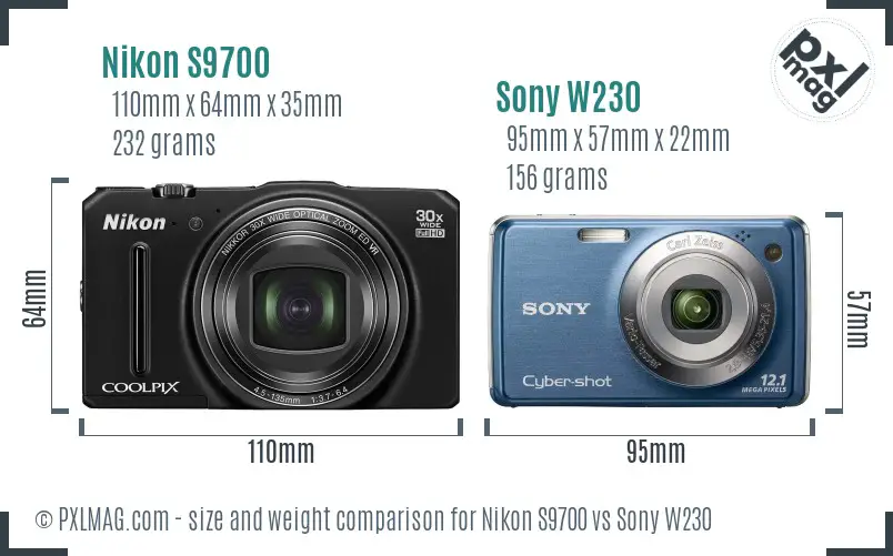 Nikon S9700 vs Sony W230 size comparison