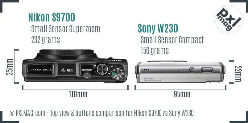 Nikon S9700 vs Sony W230 top view buttons comparison