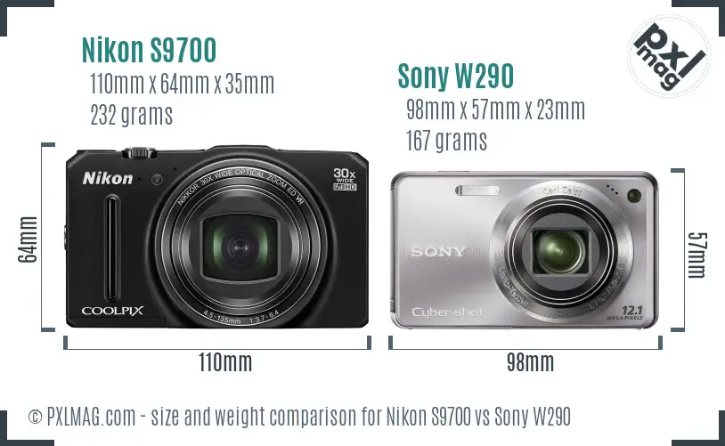 Nikon S9700 vs Sony W290 size comparison