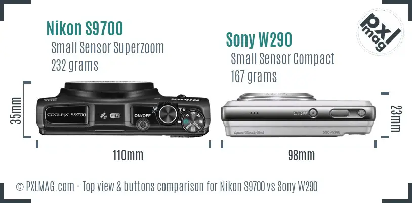 Nikon S9700 vs Sony W290 top view buttons comparison