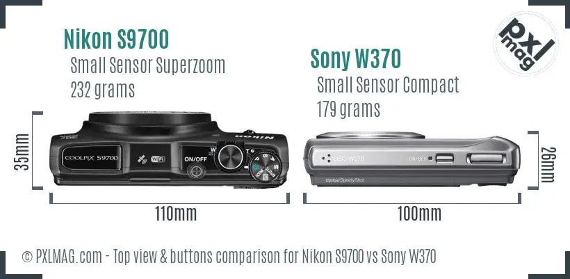 Nikon S9700 vs Sony W370 top view buttons comparison