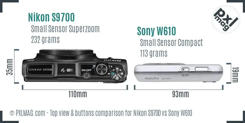 Nikon S9700 vs Sony W610 top view buttons comparison