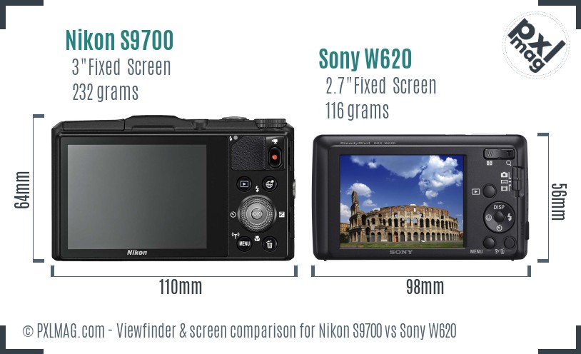 Nikon S9700 vs Sony W620 Screen and Viewfinder comparison