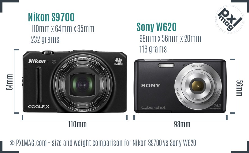 Nikon S9700 vs Sony W620 size comparison