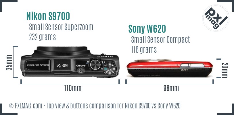 Nikon S9700 vs Sony W620 top view buttons comparison