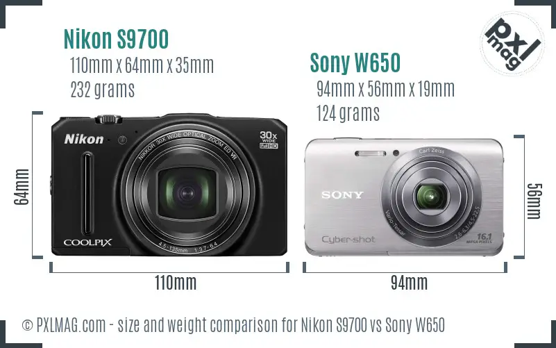 Nikon S9700 vs Sony W650 size comparison
