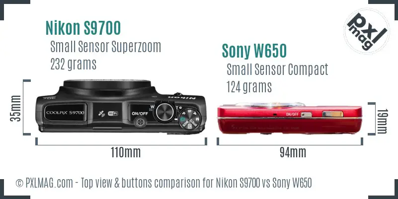 Nikon S9700 vs Sony W650 top view buttons comparison