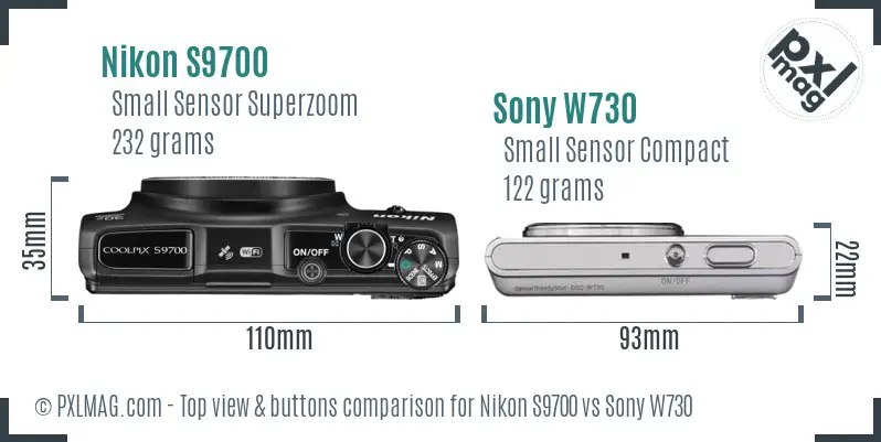 Nikon S9700 vs Sony W730 top view buttons comparison Nikon S9700 vs Sony W730 top view buttons comparison