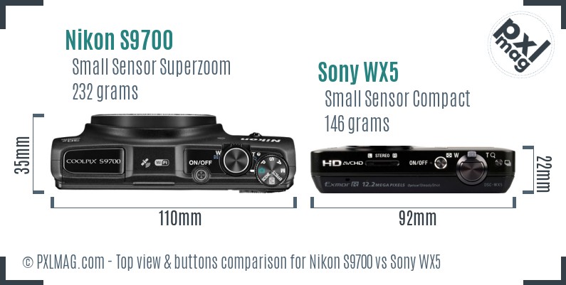 Nikon S9700 vs Sony WX5 top view buttons comparison
