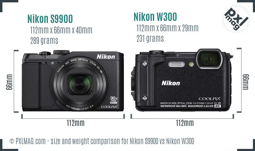 Nikon S9900 vs Nikon W300 size comparison