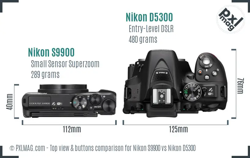 Nikon S9900 vs Nikon D5300 top view buttons comparison Nikon S9900 vs Nikon D5300 top view buttons comparison