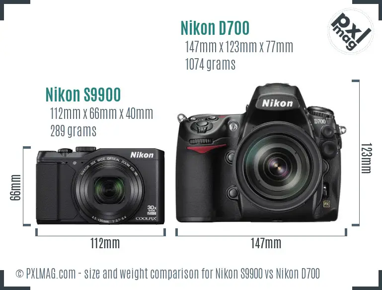 Nikon S9900 vs Nikon D700 size comparison