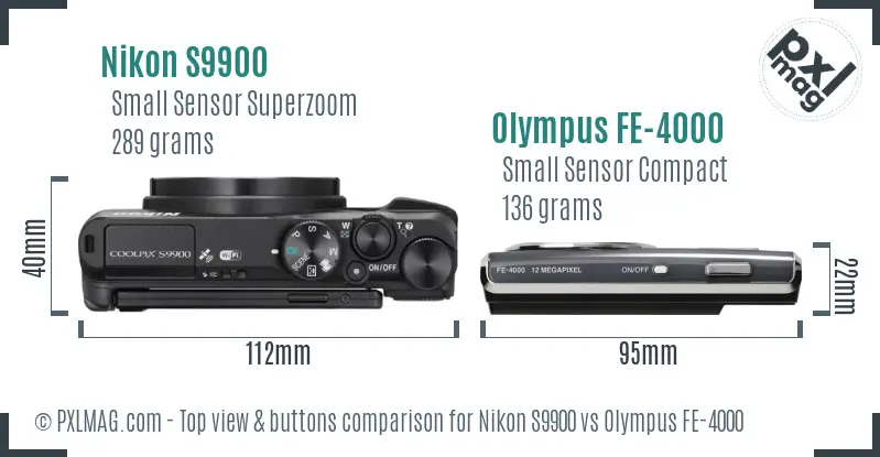 Nikon S9900 vs Olympus FE-4000 top view buttons comparison