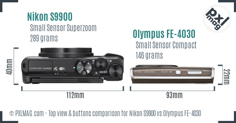 Nikon S9900 vs Olympus FE-4030 top view buttons comparison