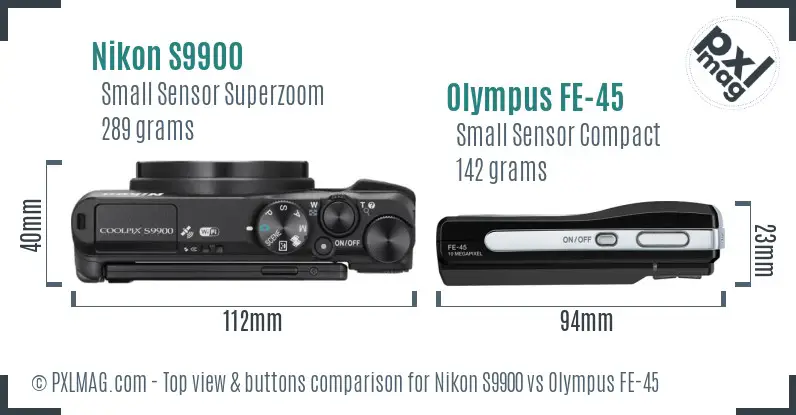 Nikon S9900 vs Olympus FE-45 top view buttons comparison Nikon S9900 vs Olympus FE-45 top view buttons comparison