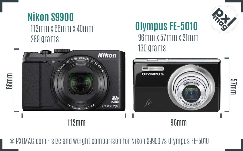 Nikon S9900 vs Olympus FE-5010 size comparison