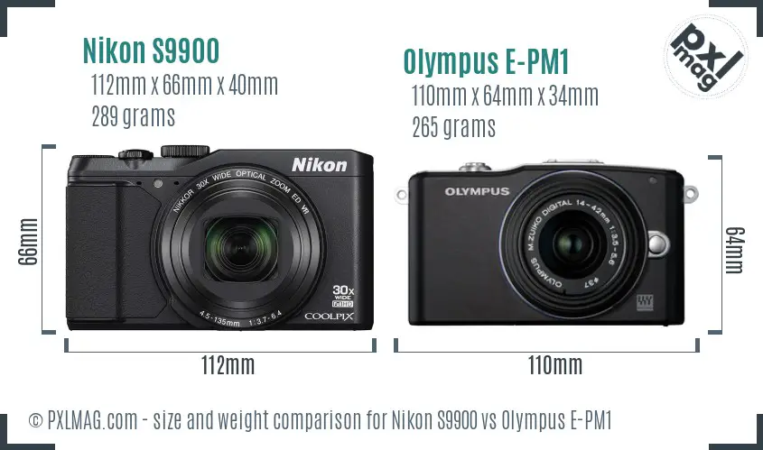 Nikon S9900 vs Olympus E-PM1 size comparison