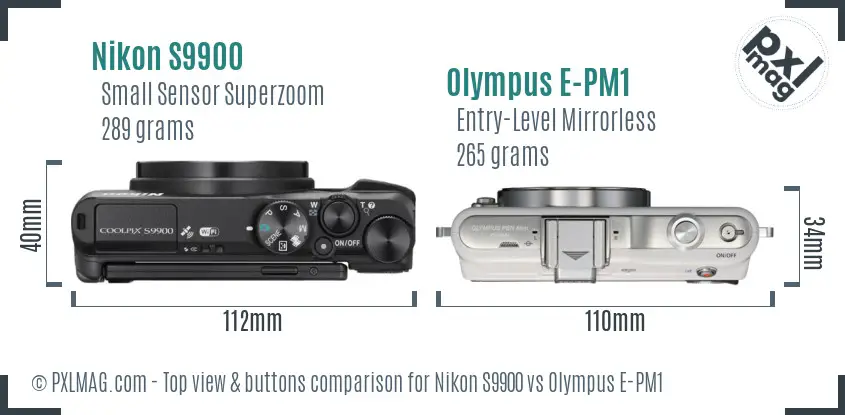 Nikon S9900 vs Olympus E-PM1 top view buttons comparison