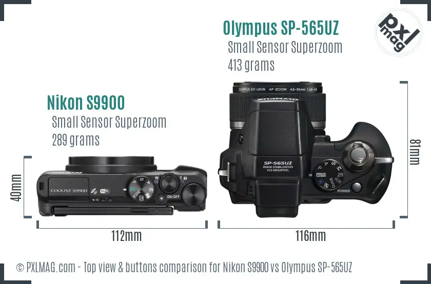 Nikon S9900 vs Olympus SP-565UZ top view buttons comparison