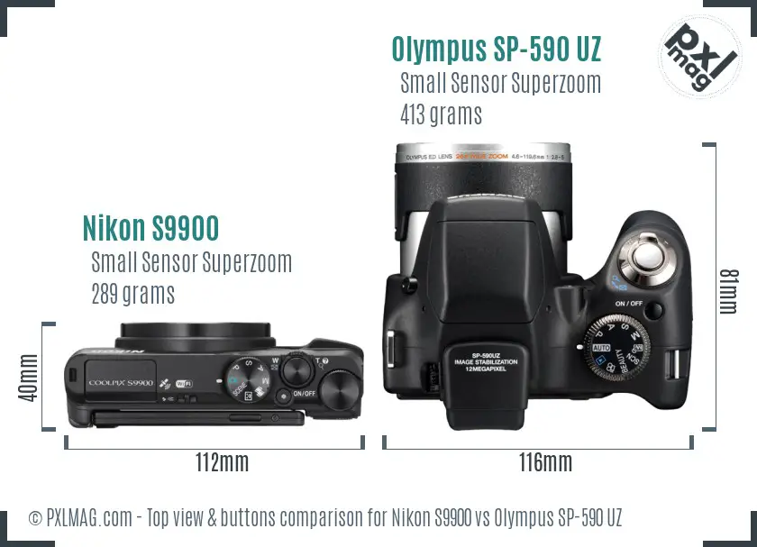 Nikon S9900 vs Olympus SP-590 UZ top view buttons comparison