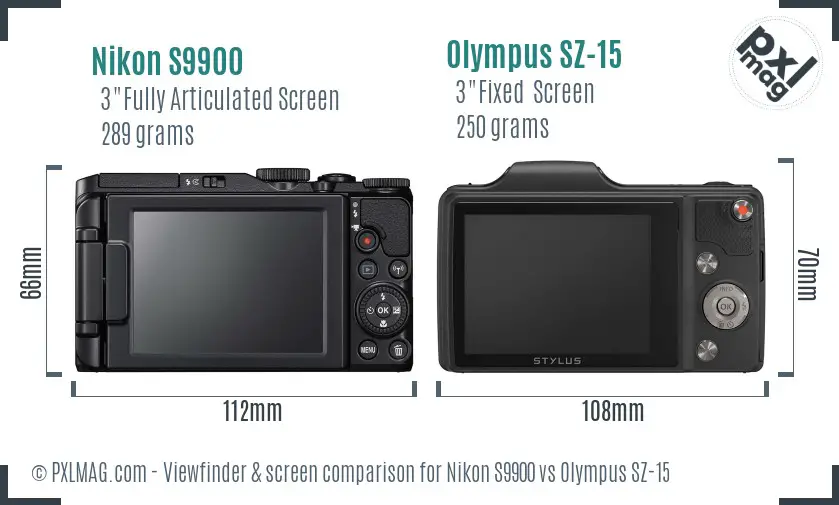 Nikon S9900 vs Olympus SZ-15 Screen and Viewfinder comparison
