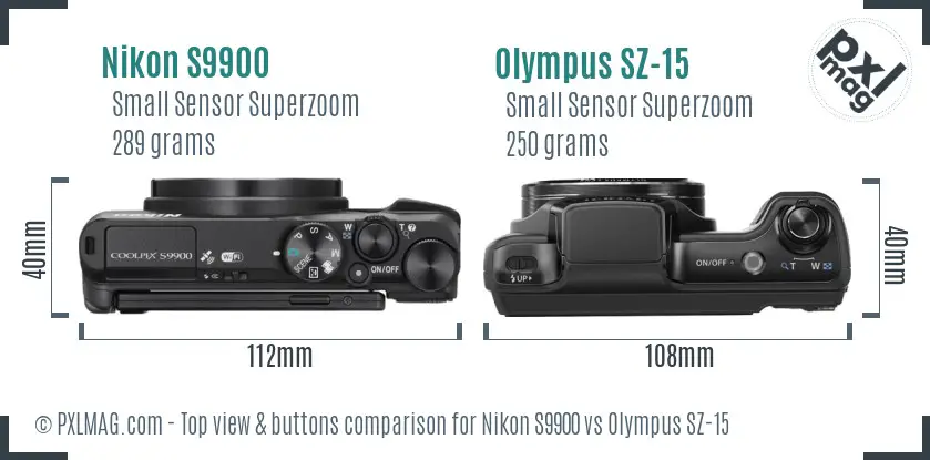 Nikon S9900 vs Olympus SZ-15 top view buttons comparison