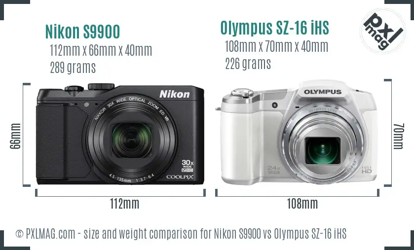 Nikon S9900 vs Olympus SZ-16 iHS size comparison