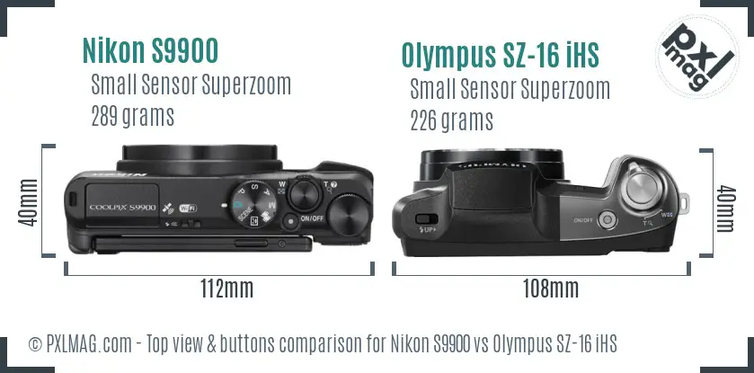 Nikon S9900 vs Olympus SZ-16 iHS top view buttons comparison