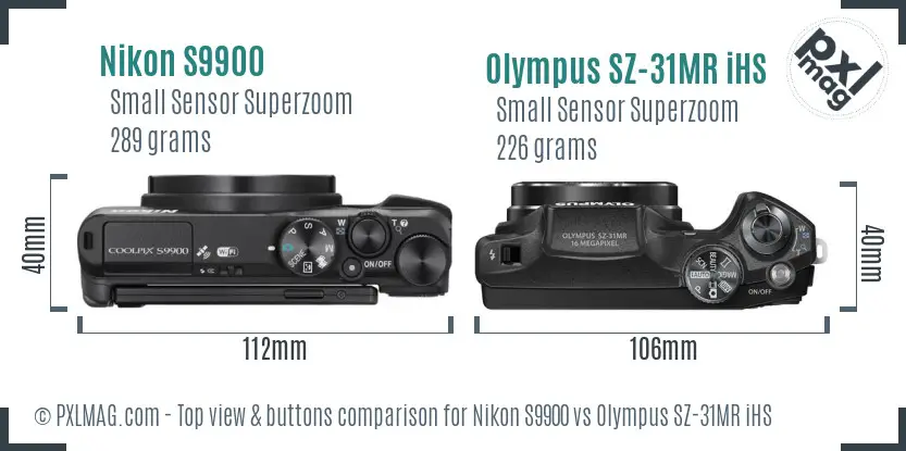 Nikon S9900 vs Olympus SZ-31MR iHS top view buttons comparison