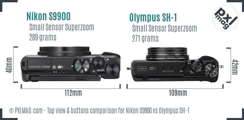 Nikon S9900 vs Olympus SH-1 top view buttons comparison