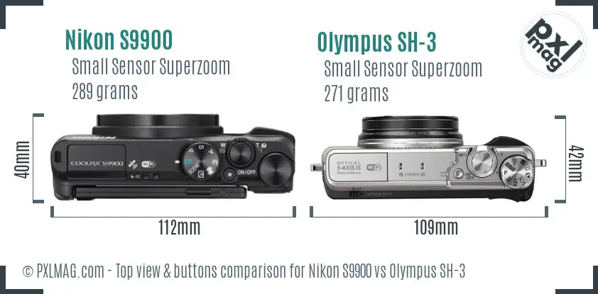 Nikon S9900 vs Olympus SH-3 top view buttons comparison Nikon S9900 vs Olympus SH-3 top view buttons comparison