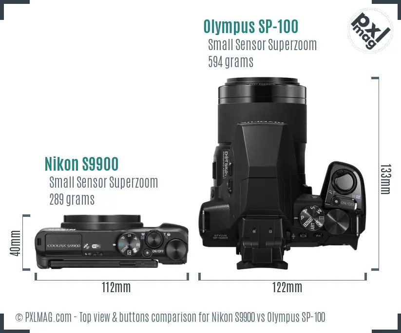 Nikon S9900 vs Olympus SP-100 top view buttons comparison