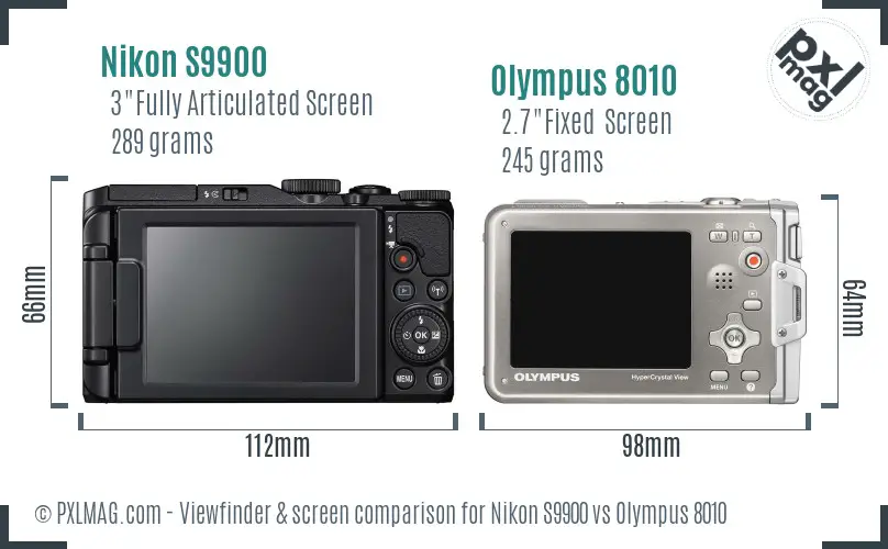 Nikon S9900 vs Olympus 8010 Screen and Viewfinder comparison