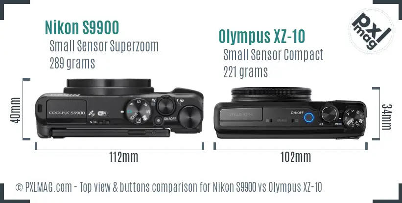 Nikon S9900 vs Olympus XZ-10 top view buttons comparison Nikon S9900 vs Olympus XZ-10 top view buttons comparison