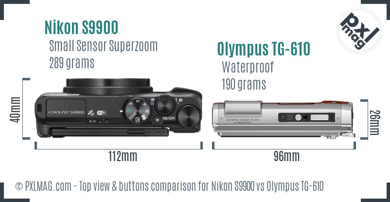Nikon S9900 vs Olympus TG-610 top view buttons comparison