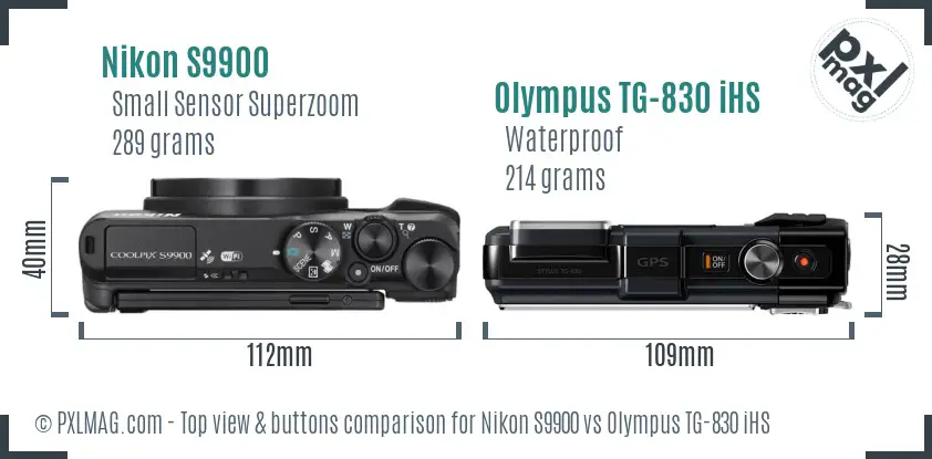 Nikon S9900 vs Olympus TG-830 iHS top view buttons comparison