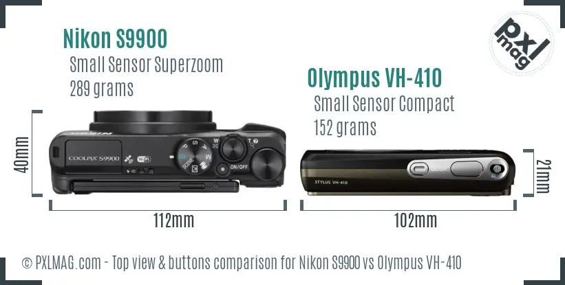 Nikon S9900 vs Olympus VH-410 top view buttons comparison Nikon S9900 vs Olympus VH-410 top view buttons comparison
