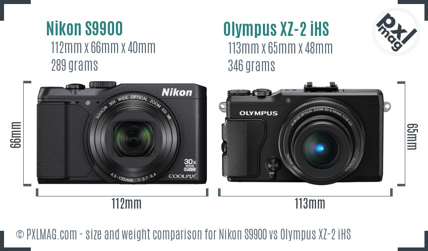 Nikon S9900 vs Olympus XZ-2 iHS size comparison